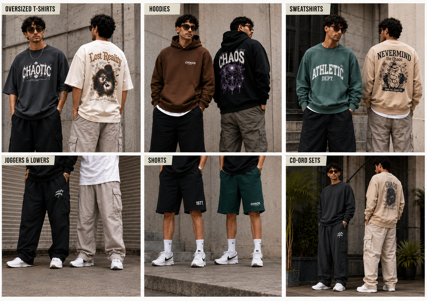 Streetwear collection — oversized t-shirts, hoodies, sweatshirts, joggers, shorts and co-ord sets manufactured by Lord Krishna Knitwear